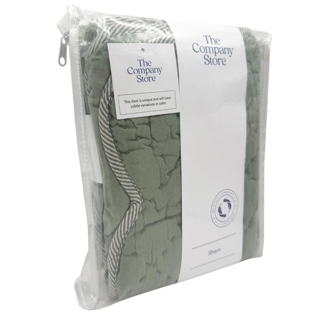The Company Store Giulietta Sage Green King Quilted Scalloped‎ Sham Cotton Linen